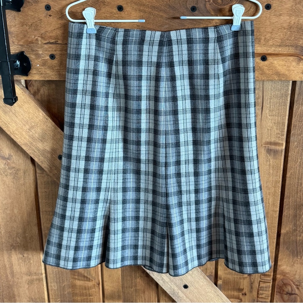 Woolmark Blend Plaid A-Line Skirt Size 6 | Gray Black Checkered Wool Midi Skirt